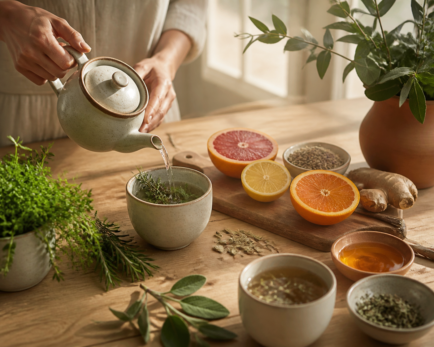Infusion et ingrédients naturels sur une table de cuisine