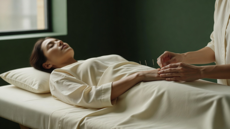 Séance d'acupuncture dans un cabinet calme, aiguilles fines posées sur l'avant-bras d'une personne allongée