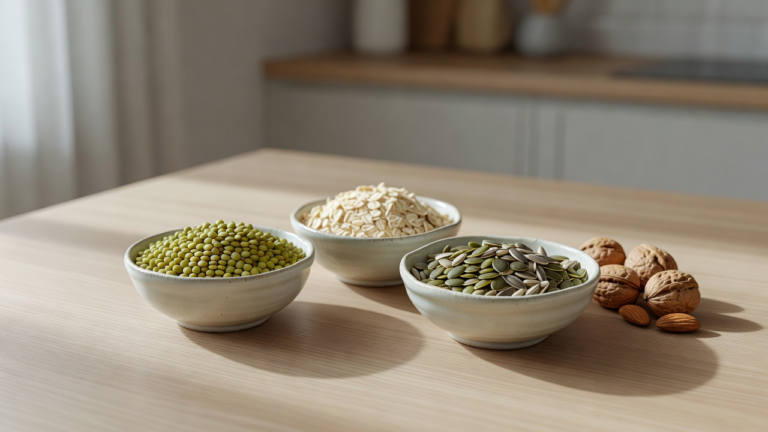 Bols de lentilles, graines, flocons d'avoine et noix, aliments riches en fibres