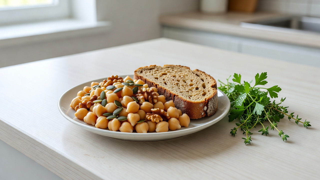 Assiette équilibrée avec pois chiches, graines et noix, exemple d'aliments riches en fibres