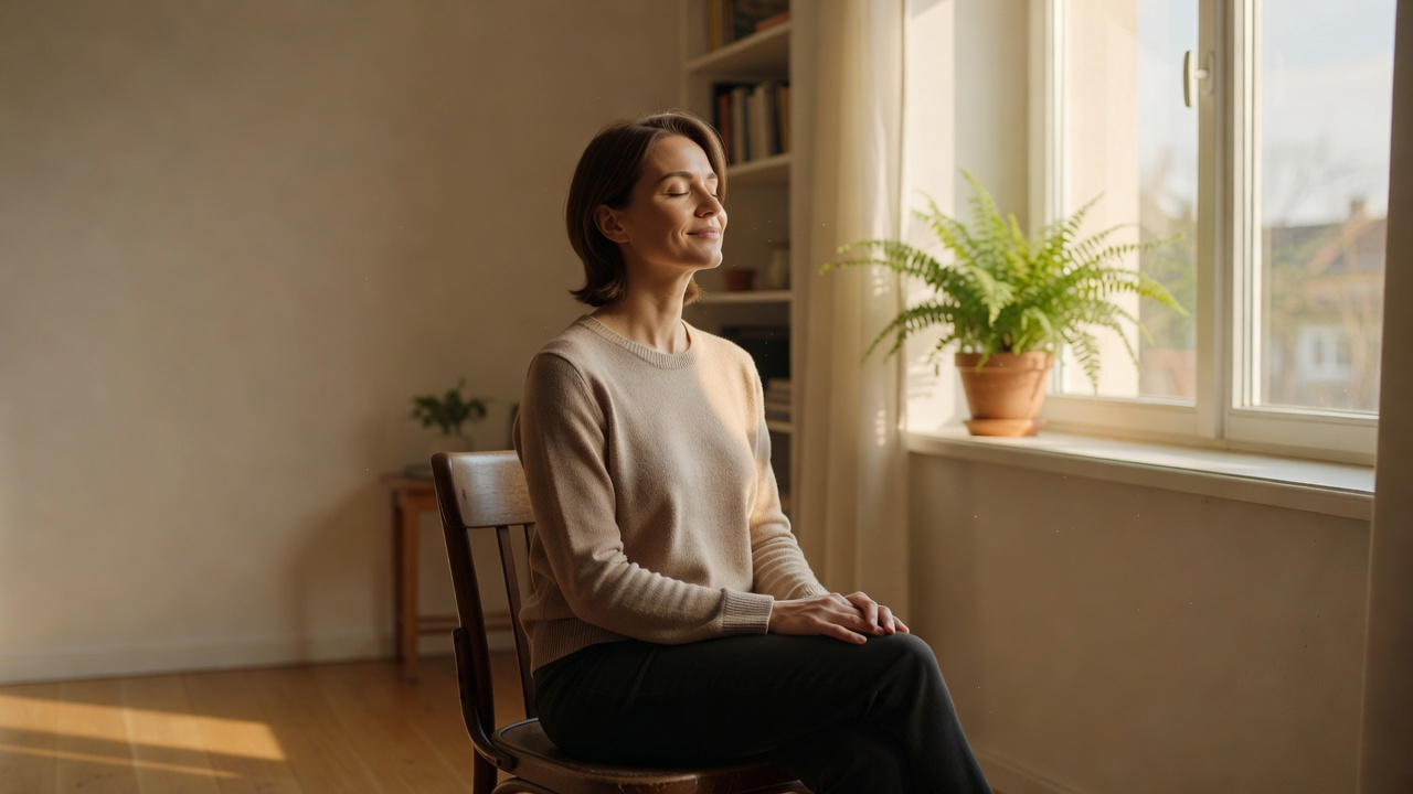 Personne assise calmement près d'une fenêtre lumineuse, moment de répit sonore en fin de journée