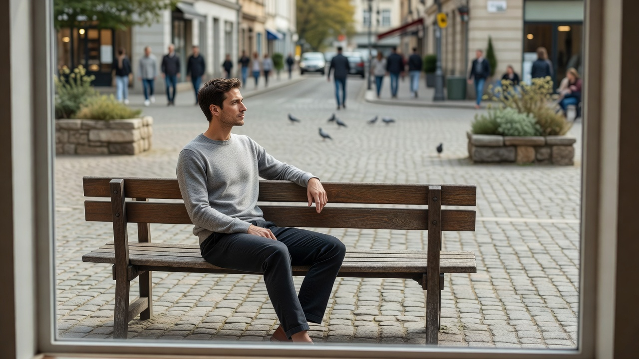 Personne en pause sur un banc dans une rue calme, à l'écart du bruit ambiant
