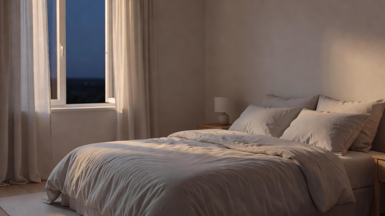 Chambre douce au crépuscule avec une couette légère et une fenêtre ouverte sur la nuit