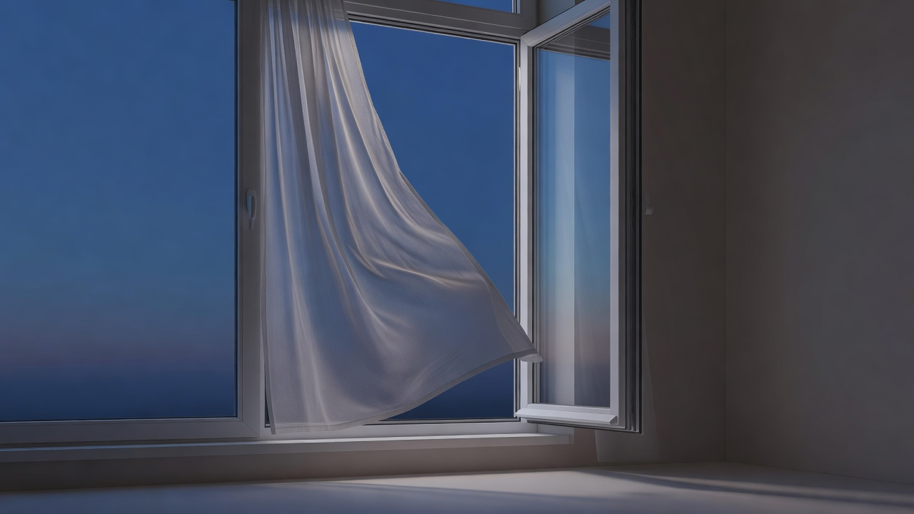 Fenêtre de chambre ouverte en grand le soir pour laisser entrer l'air frais