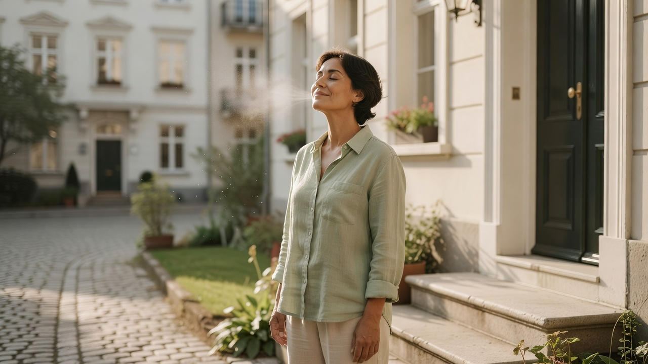 Personne qui respire un grand coup d'air frais sur le pas de sa porte, en pleine journée