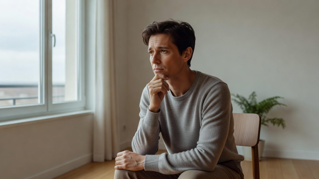 Personne au calme près d'une fenêtre juste après une conversation tendue, le regard tourné vers la lumière
