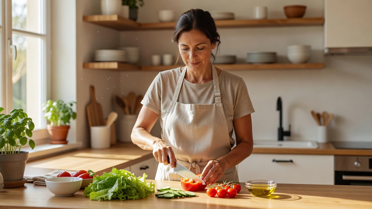 Personne concentrée sur une préparation simple en cuisine, l'esprit recentré sur le geste