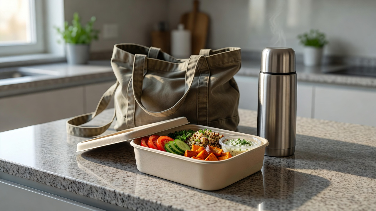 Boîte de repas préparée, thermos et sac posés sur un plan de travail au lever du jour