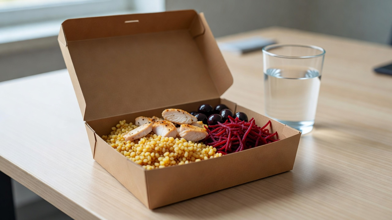 Boîte ouverte avec boulgour, poulet, betterave et olives : exemple concret d'assiette midi à emporter