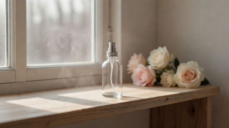 Flacon de verre à vaporisateur d'eau florale posé près d'une fenêtre, brume fine dans la lumière du matin