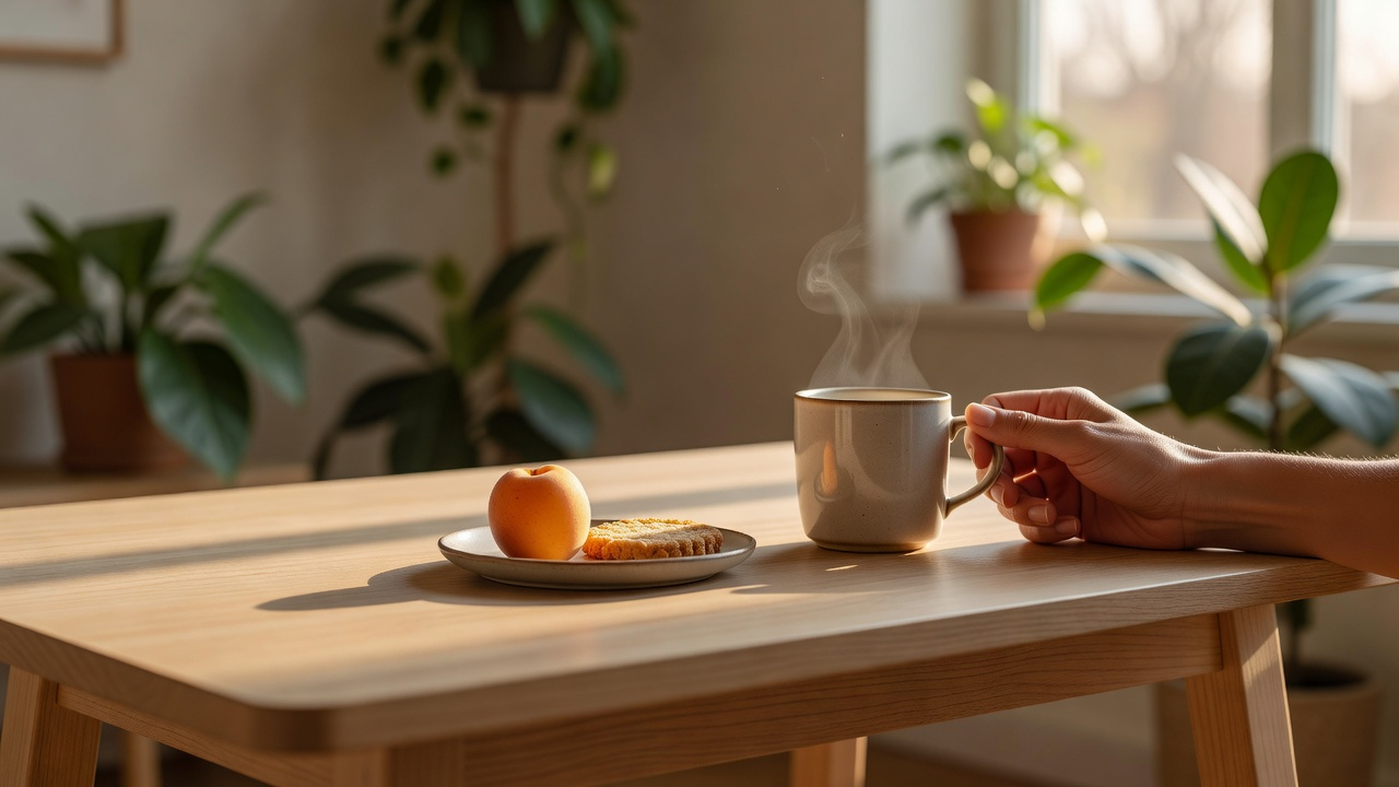 Envie sucrée de 16h : main hésitante près d'un fruit et d'un biscuit sur une table lumineuse en milieu d'après-midi