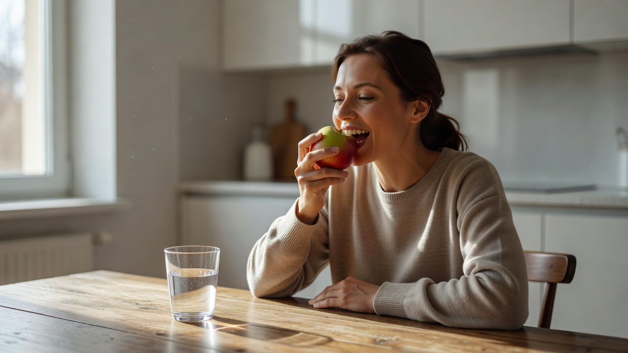 Pause de l'après-midi : collation simple avec un fruit croqué et un verre d'eau dans une cuisine claire