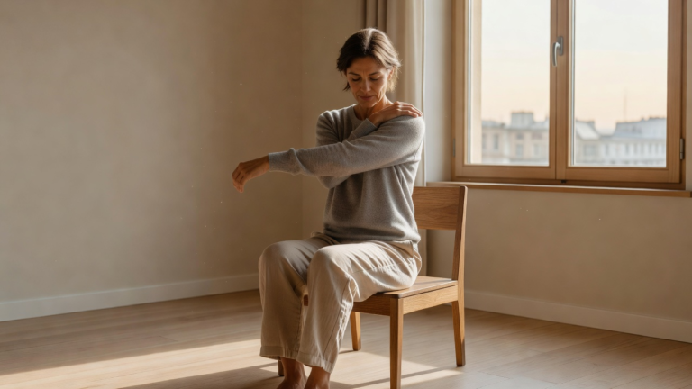 Une personne assise près d'une fenêtre étire doucement l'épaule et respire, en fin de journée de travail
