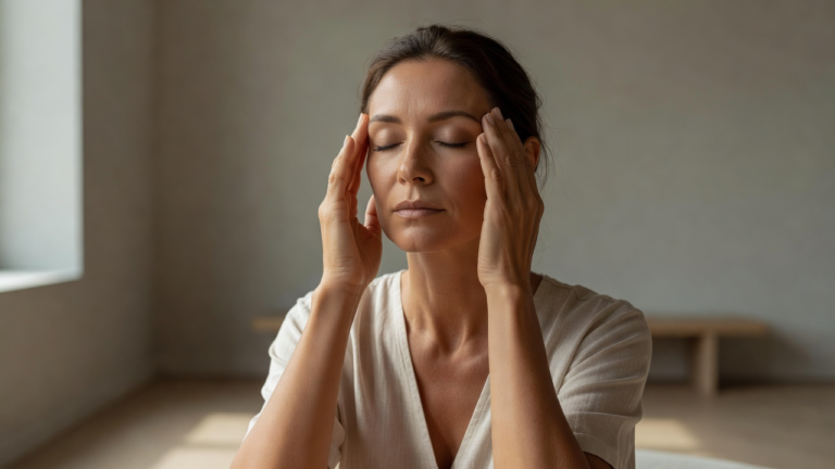Geste de réflexologie faciale : une femme pose doucement ses doigts sur ses tempes, les yeux fermés.