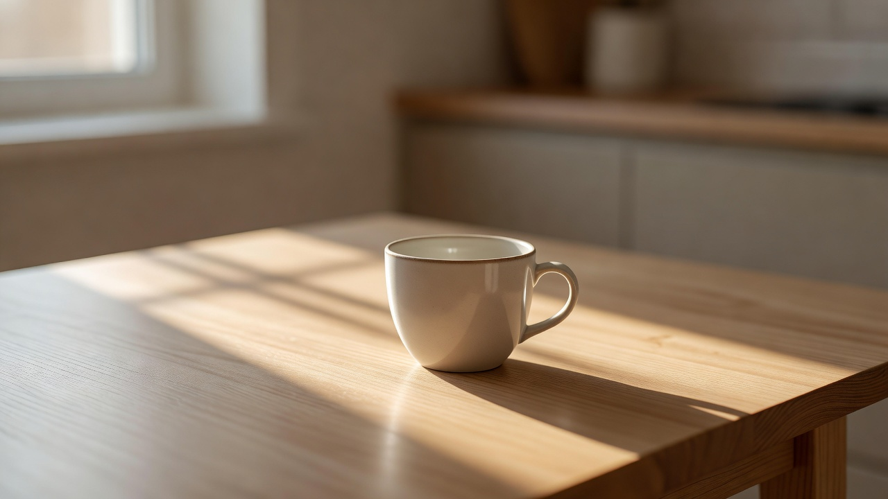 Une tasse de café posée sur une table de bois en fin d'après-midi, éclairée par un soleil bas