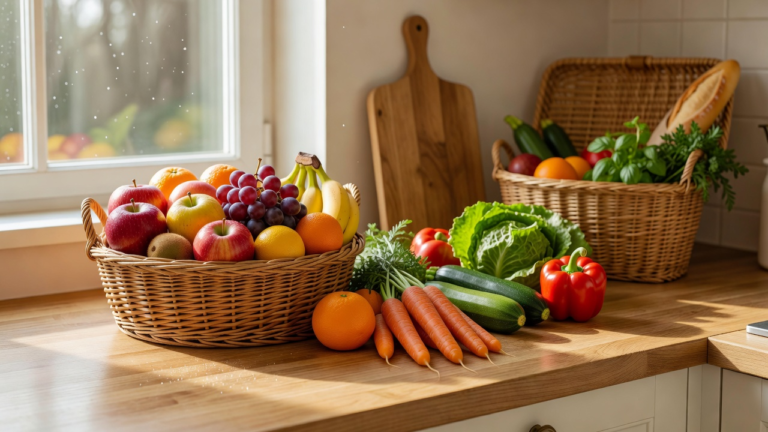 Corbeille de fruits et légumes de saison sur un plan de travail lumineux