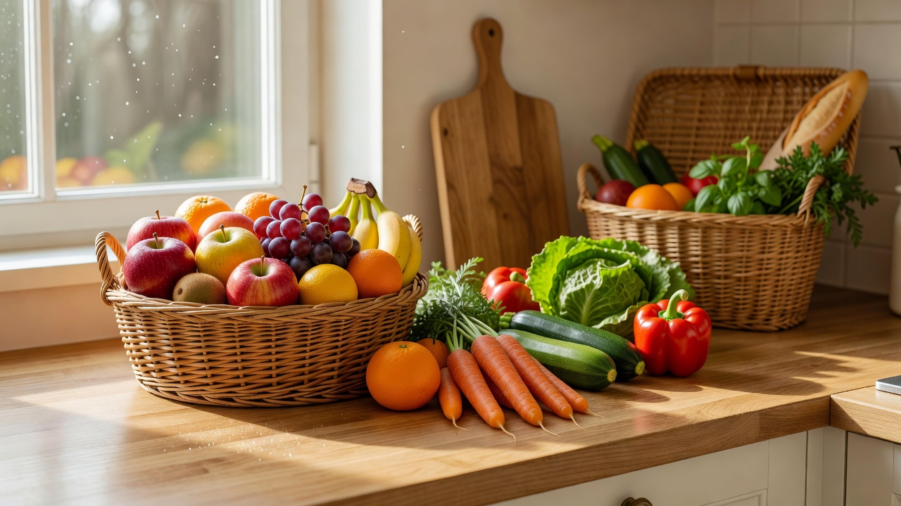 Corbeille de fruits et légumes de saison sur un plan de travail lumineux