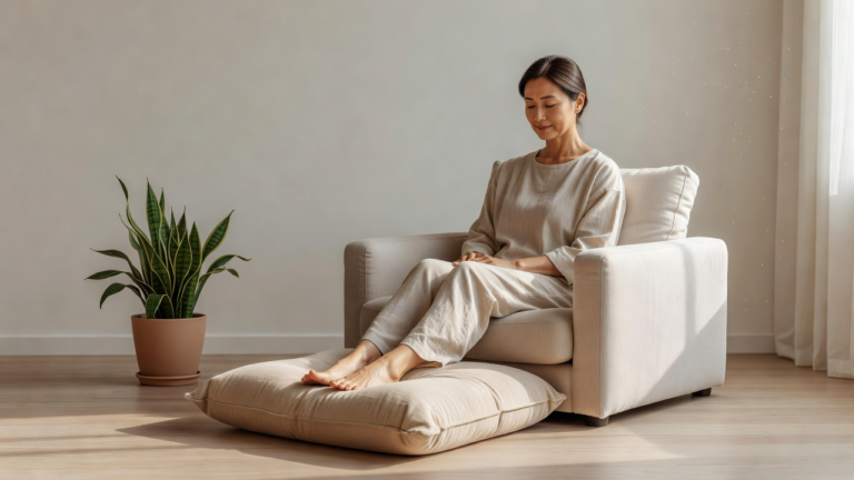 Pieds nus posés sur un coussin dans une pièce claire avec une plante verte, lumière douce du matin
