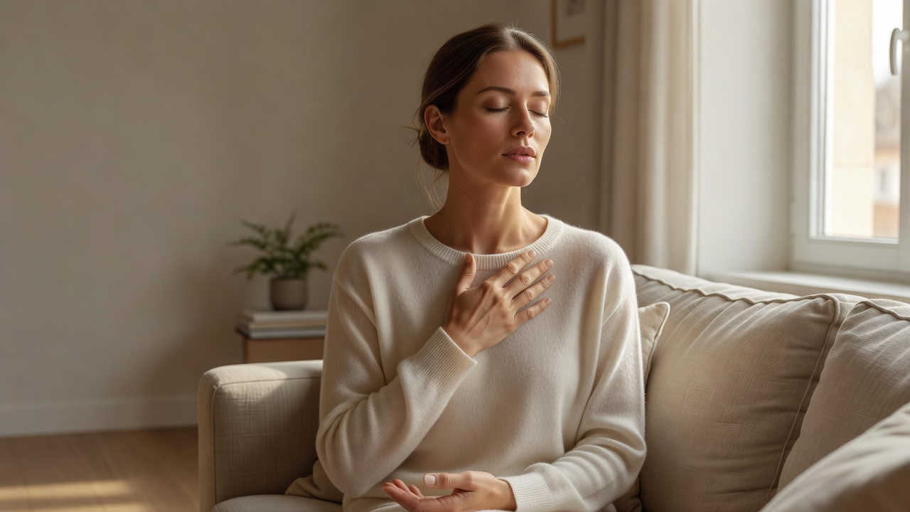 Femme assise près d'une fenêtre lumineuse pratiquant un exercice de cohérence cardiaque, main posée sur la poitrine
