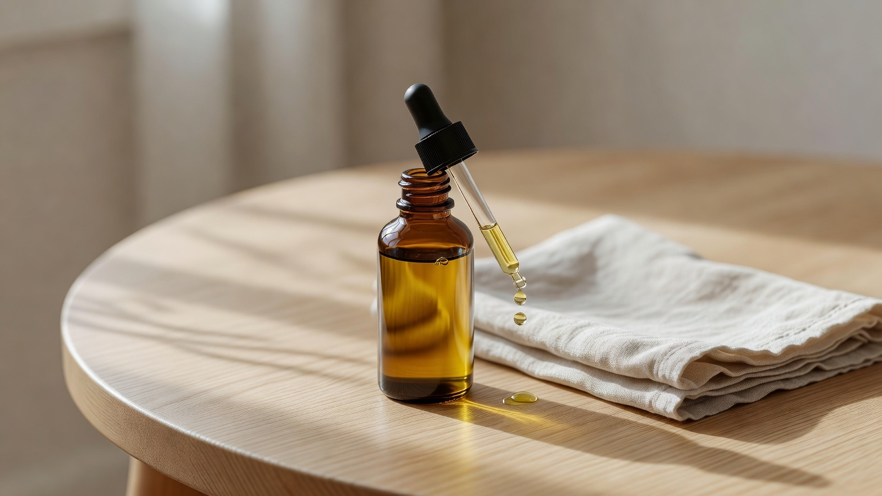 Flacon de verre ambré d'huile végétale pour le visage avec pipette sur une table éclairée naturellement