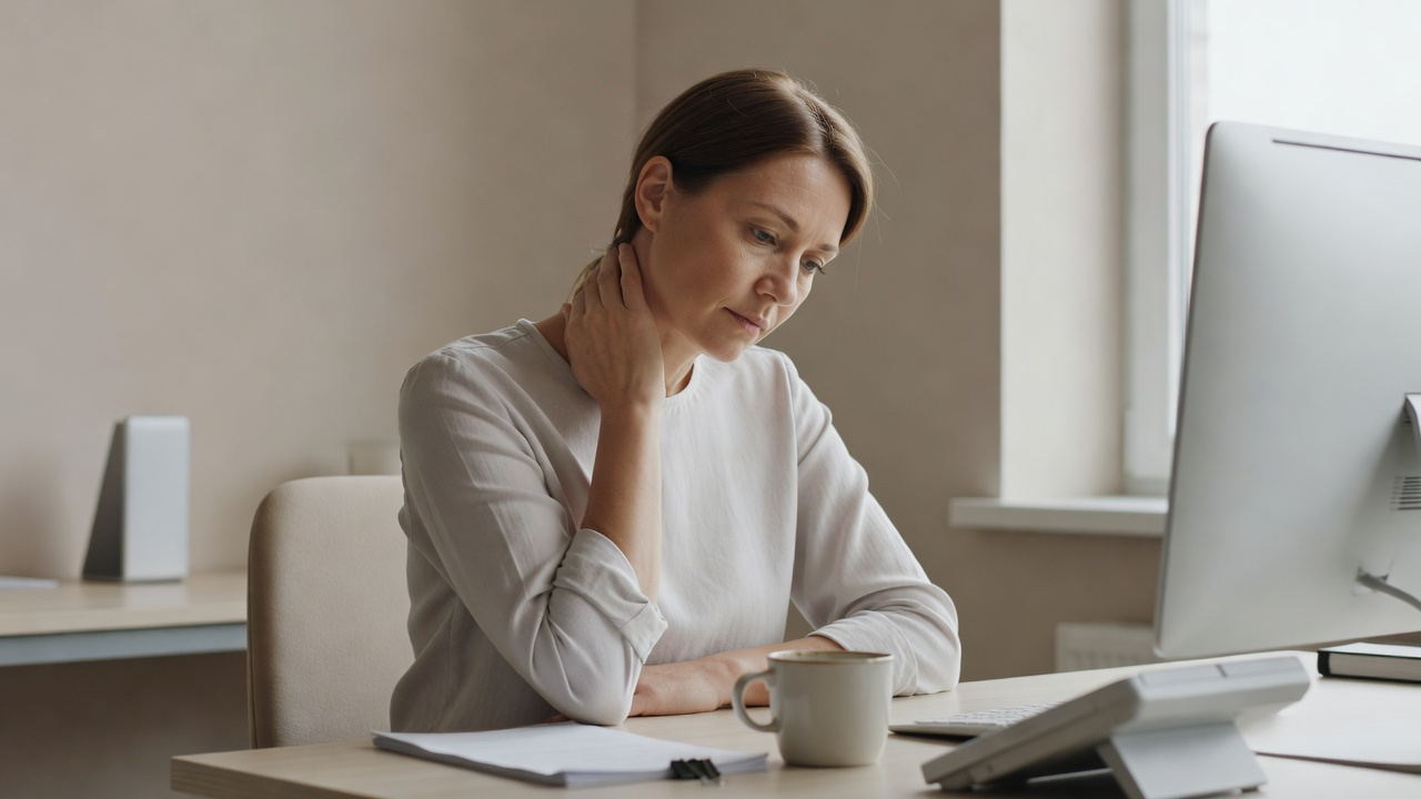 Personne assise à un bureau qui pose une main sur sa nuque en fin de matinée, signe discret de tension
