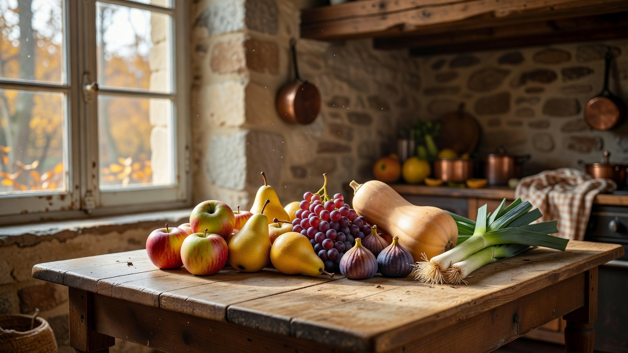Fruits et légumes de fin septembre disposés sur une table : pommes, poires, raisin et courge