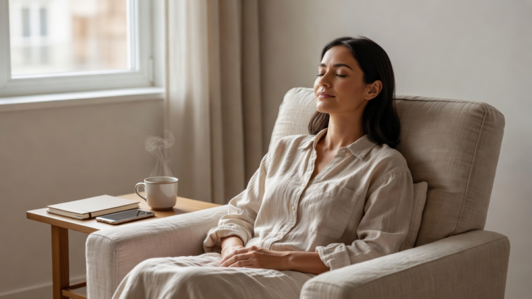 Femme assise près d'une fenêtre, les yeux fermés, carnet et téléphone posés de côté, dans un moment de pause