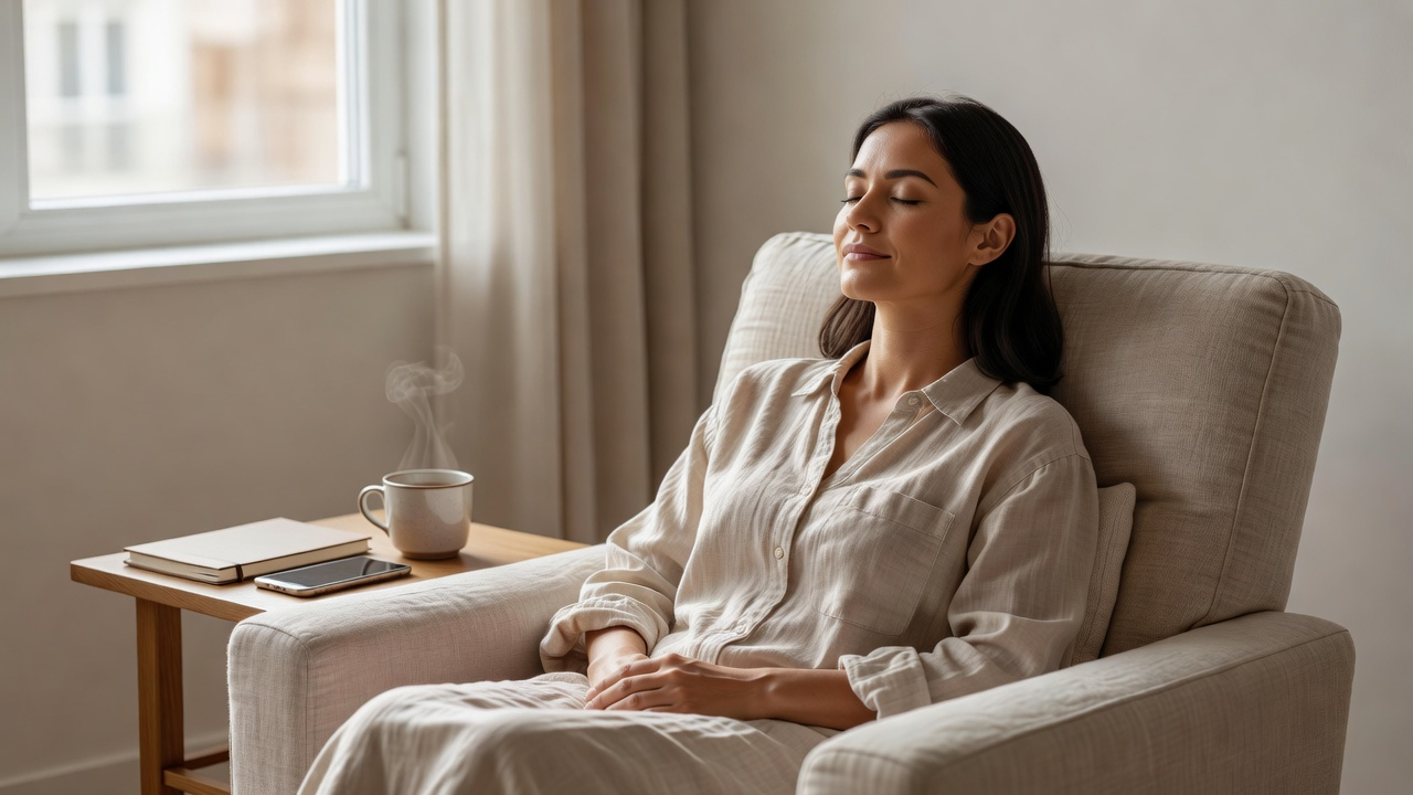 Femme assise près d'une fenêtre, les yeux fermés, carnet et téléphone posés de côté, dans un moment de pause
