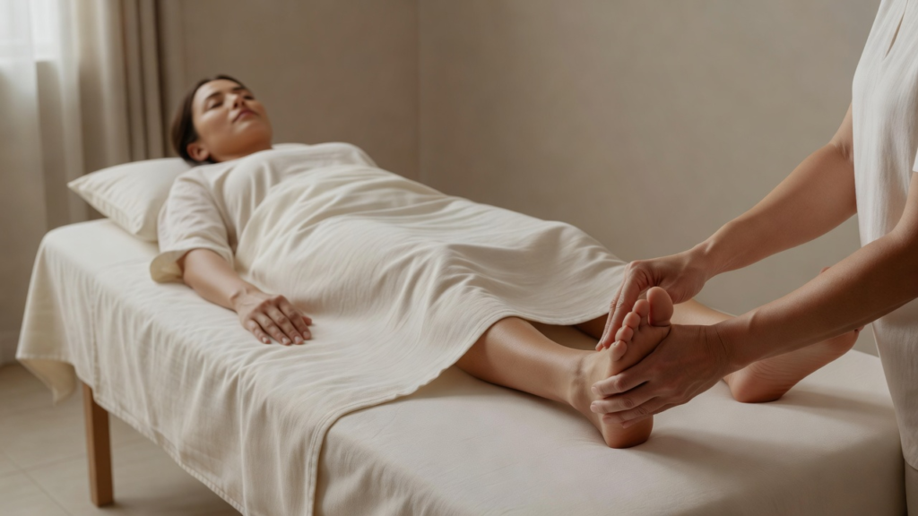 Séance de réflexologie plantaire : une femme allongée, les yeux fermés, pendant que le praticien exerce une pression douce sur son pied