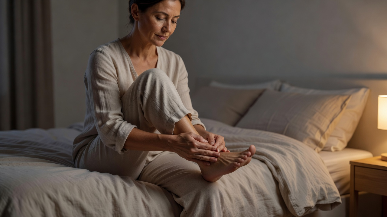 Personne assise au bord de son lit tenant doucement son pied dans la pénombre, ambiance apaisante