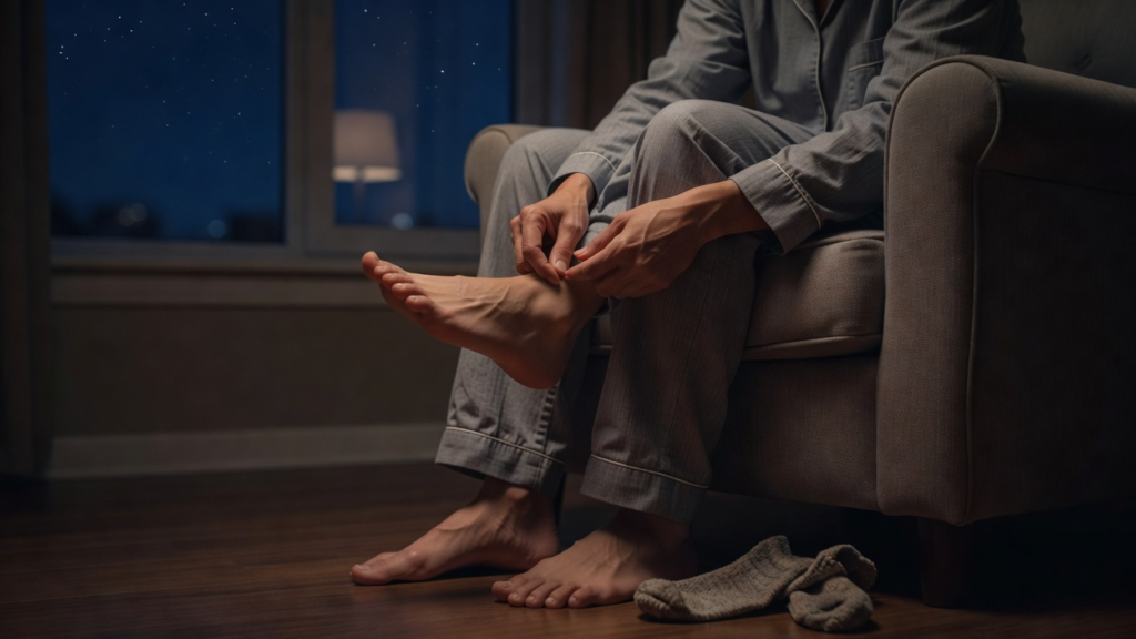 Geste lent du pouce sur la plante du pied, au calme, pendant un réveil nocturne