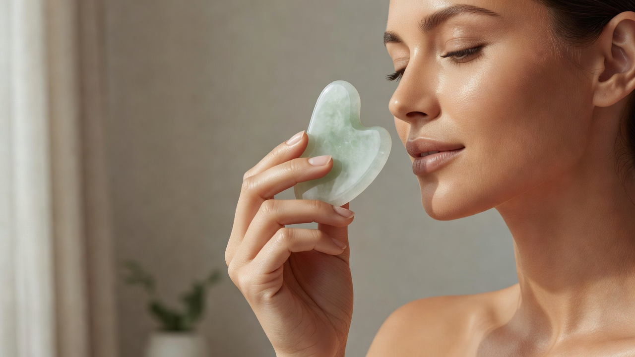 Pierre de gua sha lisse tenue près du visage, geste de soin sensoriel au quotidien