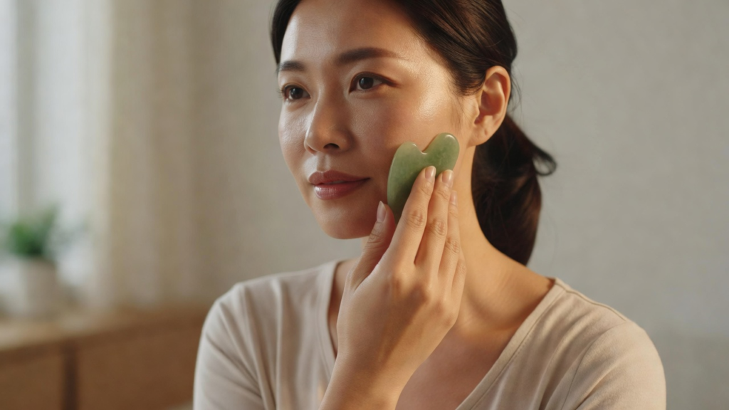 Femme faisant glisser une pierre de gua sha sur sa joue, geste de soin doux et sensoriel