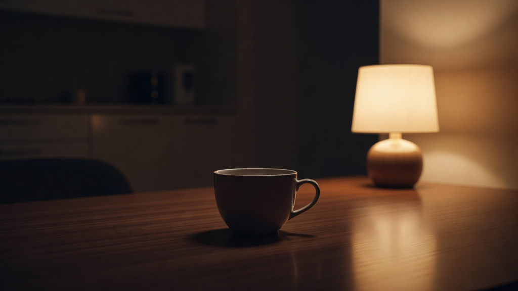 Une tasse de thé posée sur une table le soir, près d'une lampe à lumière chaude