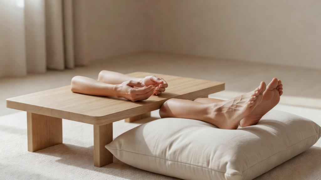 Composition calme montrant pieds et mains au repos pour illustrer les différentes approches de réflexologie