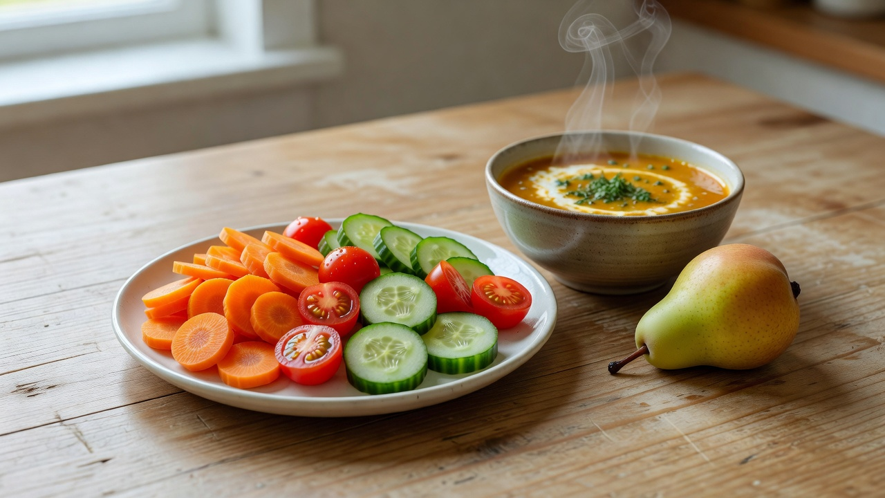 Assiette de crudités, bol de soupe et fruit : exemples concrets de portions de légumes