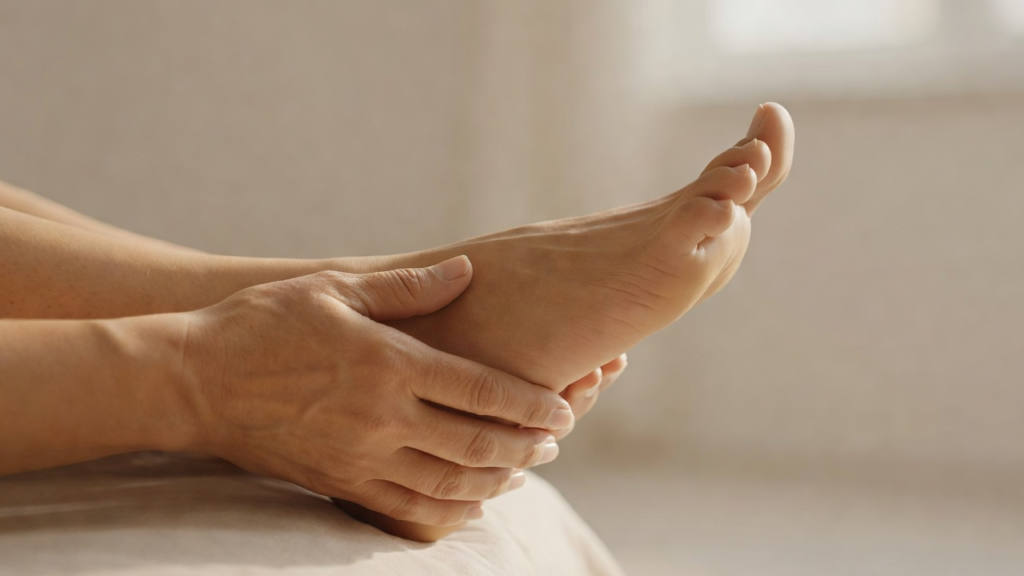 Mains tenant doucement un pied nu dans un geste de soin lent, lumière naturelle chaude