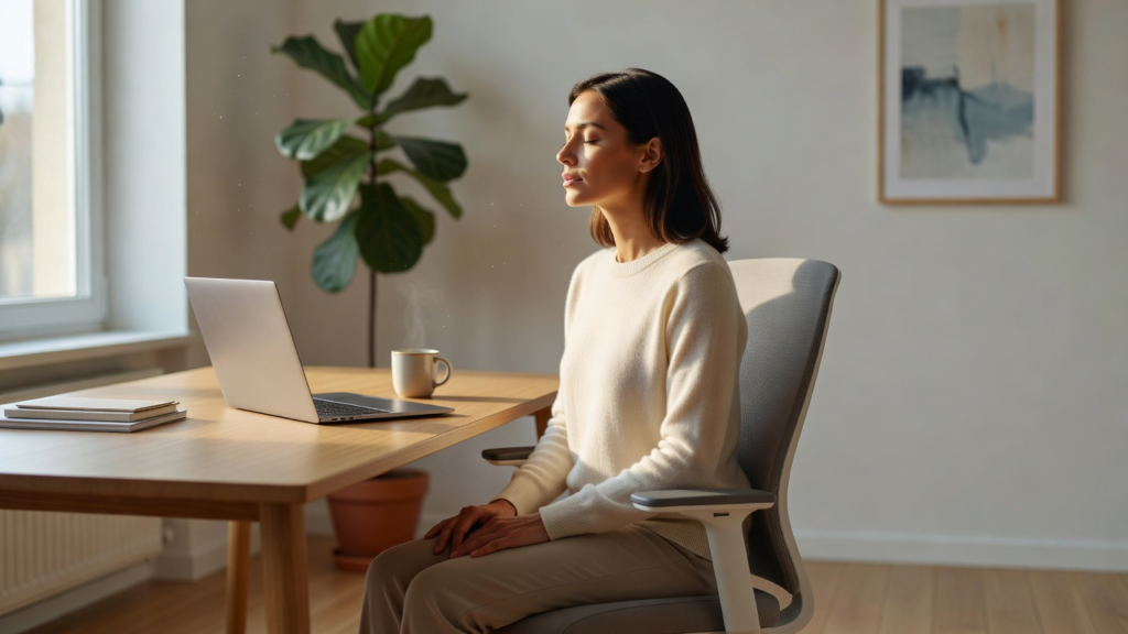 Femme assise au bureau pratiquant une pause de respiration lente pendant la journée de travail