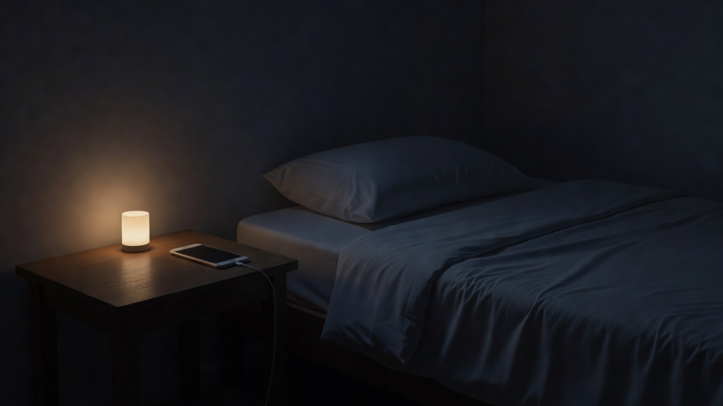 Chambre la nuit avec une veilleuse et un téléphone posé loin du lit