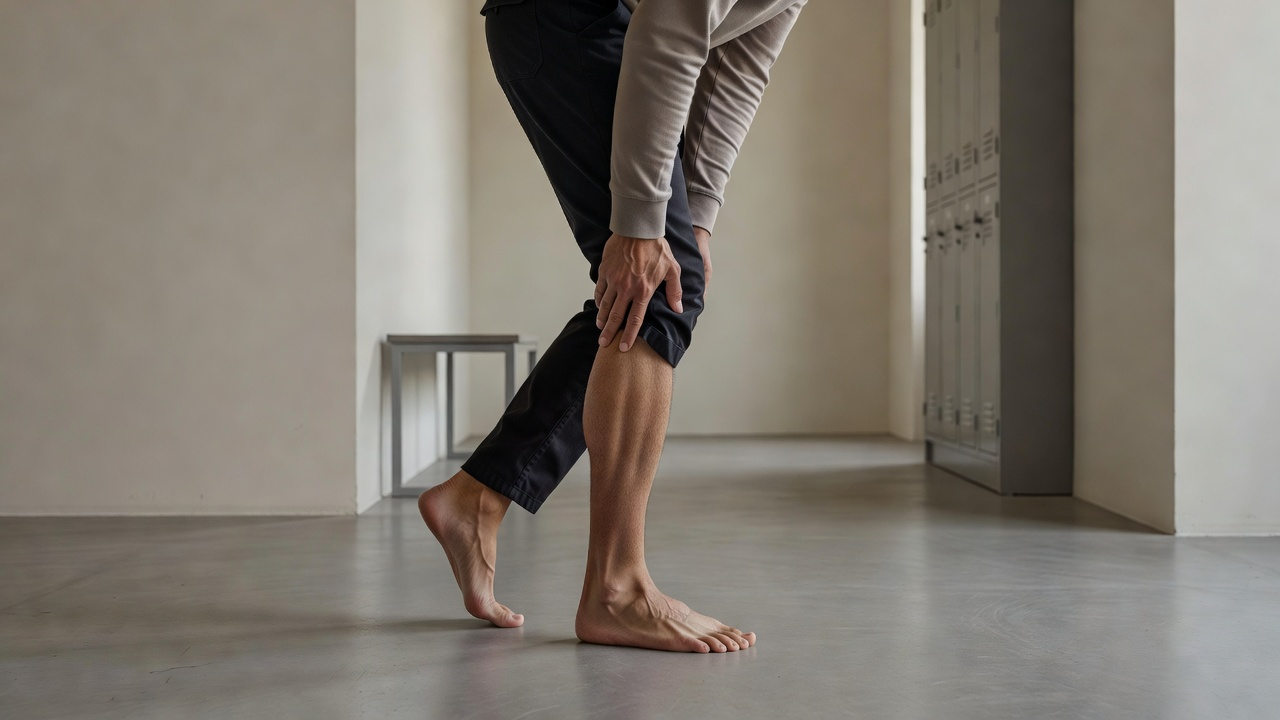 Personne en tenue de travail montant sur la pointe des pieds dans un vestiaire, exercice simple pour détendre les mollets après une journée debout