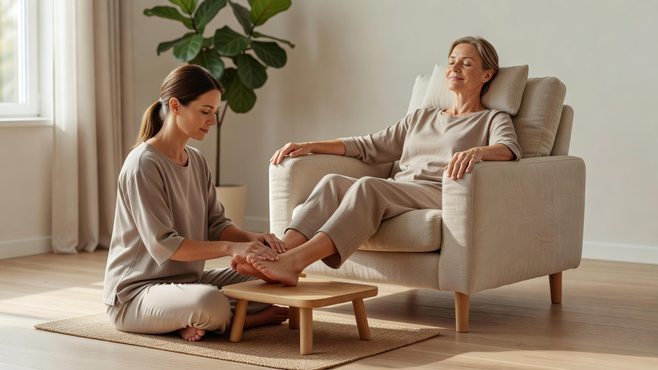 Séance de réflexologie dans un intérieur calme, personne détendue dans un fauteuil, mains du praticien posées avec douceur sur le pied