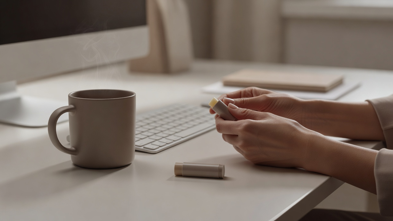 Stick de baume neutre posé en évidence sur un bureau lumineux à côté d'un mug fumant