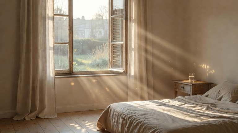 Volets ouverts sur un intérieur clair, premier soleil du matin entrant par la fenêtre