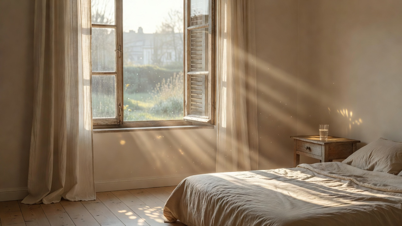 Volets ouverts sur un intérieur clair, premier soleil du matin entrant par la fenêtre