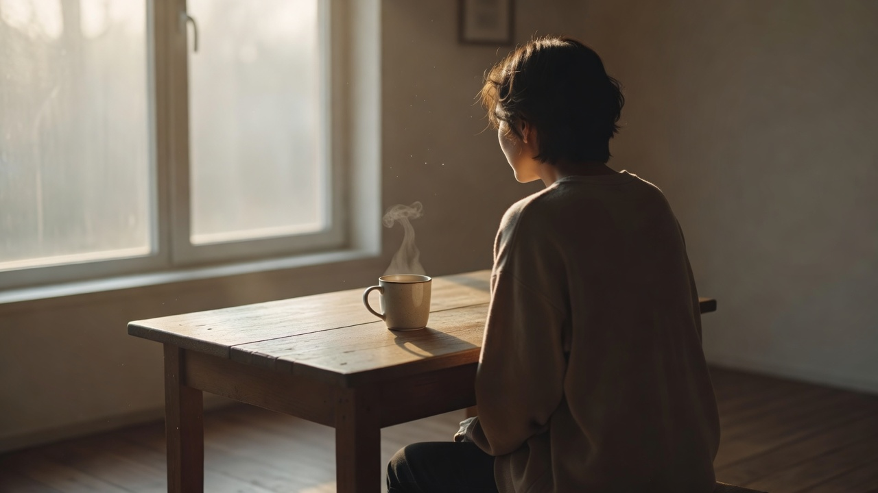 Personne assise près d'une fenêtre baignée de lumière du matin, tasse posée devant elle