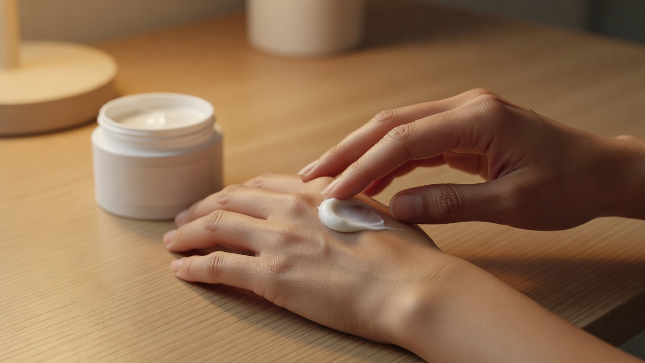 Application d'une crème hydratante sur le dos d'une main au-dessus d'un bureau en bois, dans une lumière naturelle douce
