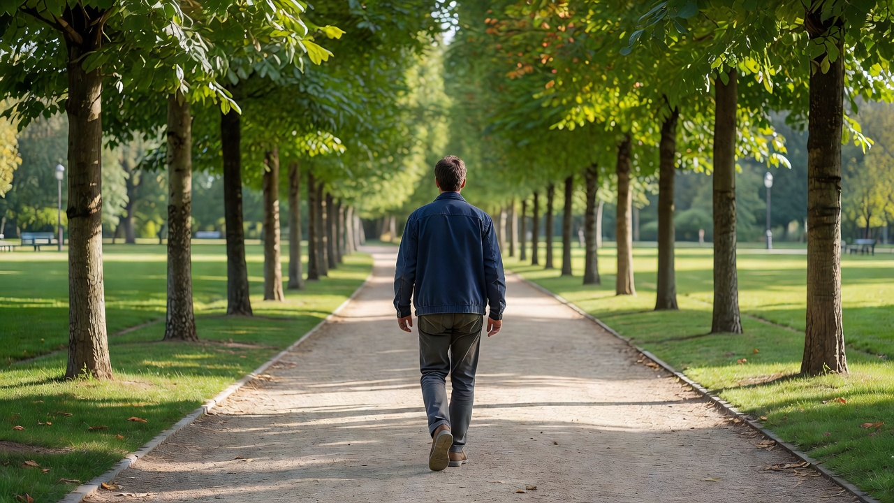 Personne marchant paisiblement sur un chemin arboré, de dos, lumière douce du jour