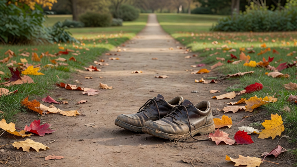 Paire de chaussures de marche simples posées au bord d'un chemin de parc