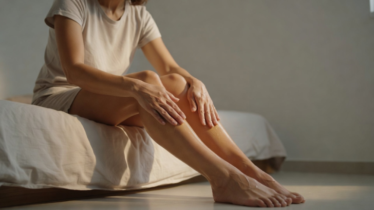 Mains à plat glissant le long d'un mollet pendant un massage doux des jambes