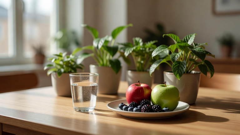 Table lumineuse au matin avec un verre d'eau et une assiette de fruits frais, illustrant des habitudes simples de vitalité au quotidien